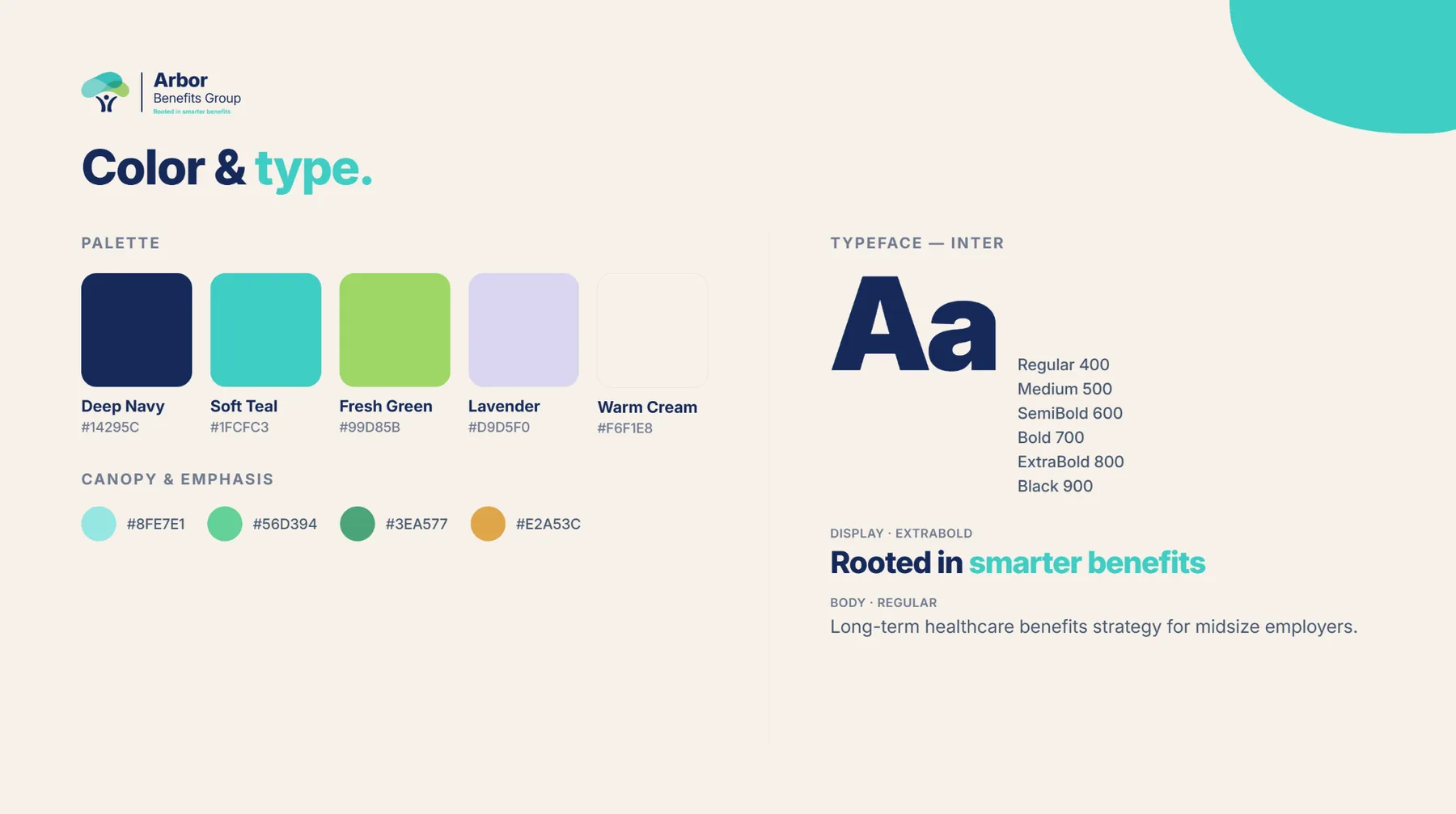 Arbor Benefits Group color and type system, palette swatches and the Inter typeface scale