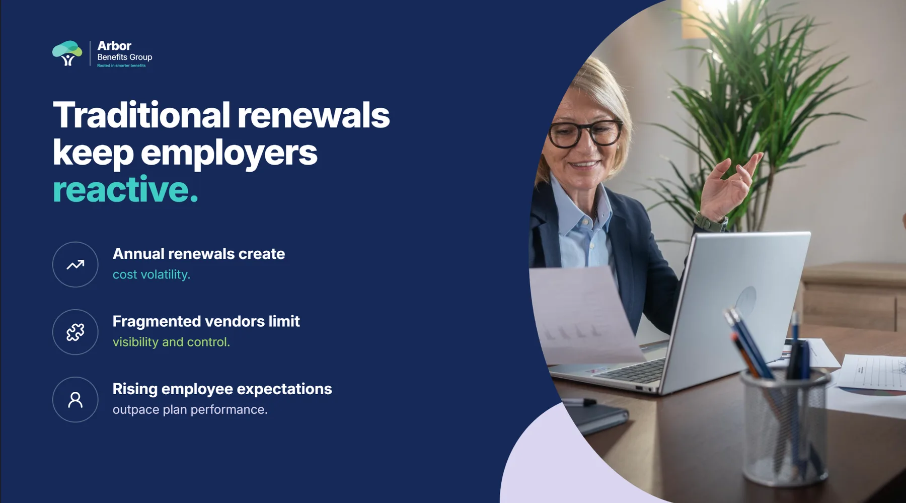Arbor deck slide, Traditional renewals keep employers reactive: cost volatility, fragmented vendors, rising expectations