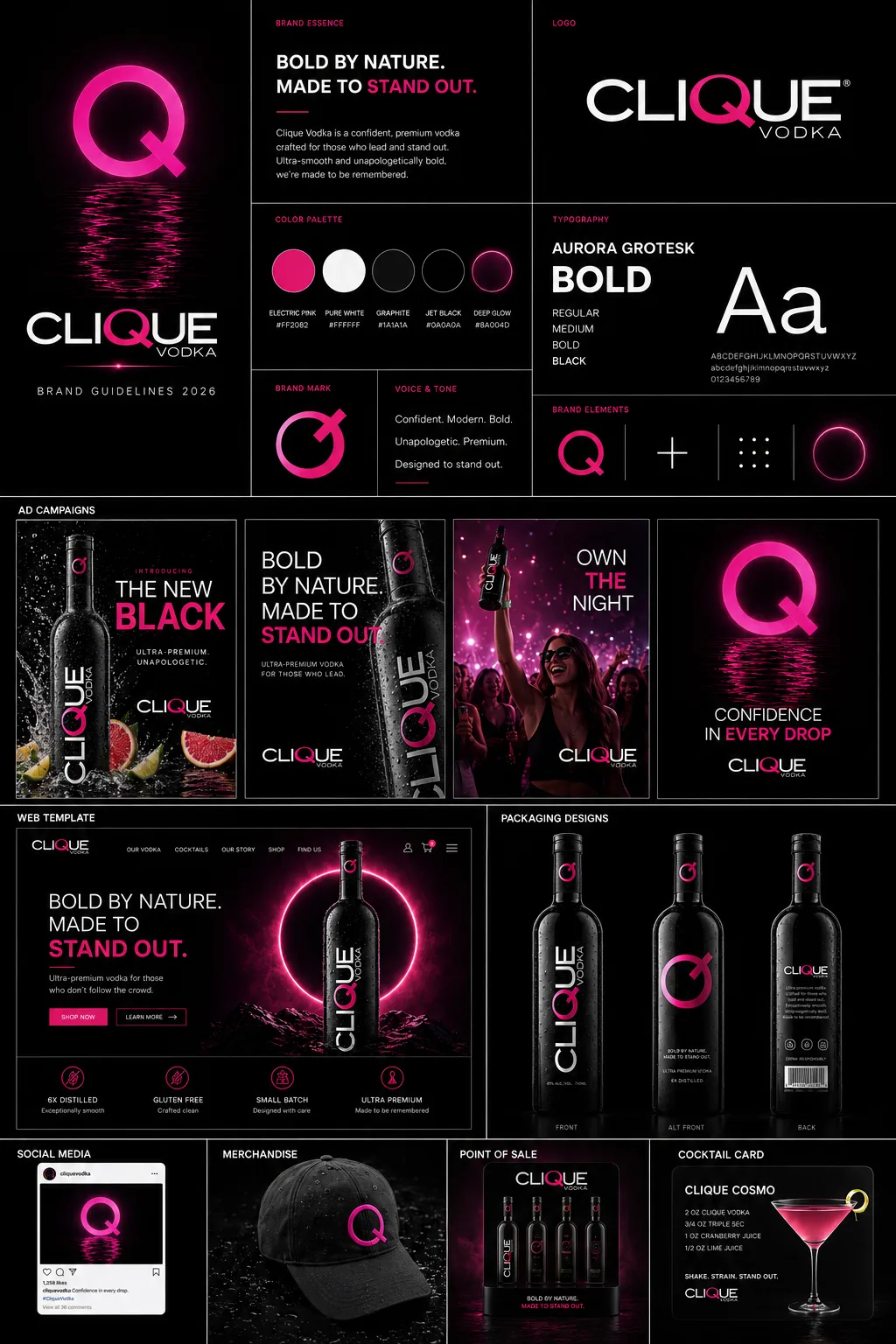 Clique Vodka brand system board, logo, color, type, campaigns, packaging, and applications