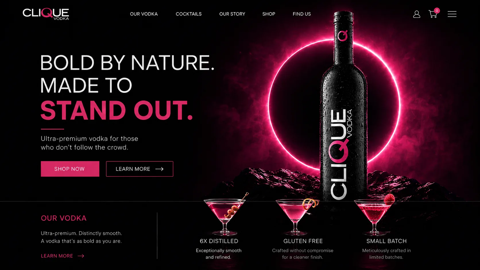 Clique Vodka, “Bold by nature. Made to stand out.” landing page template