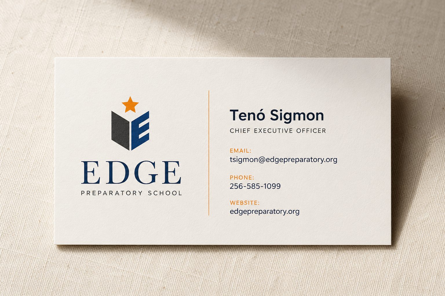 Edge Preparatory business cards in navy and gold