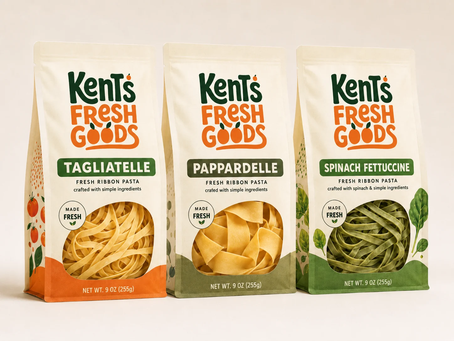 Kent's Fresh Goods fresh pasta, tagliatelle, pappardelle, and spinach fettuccine