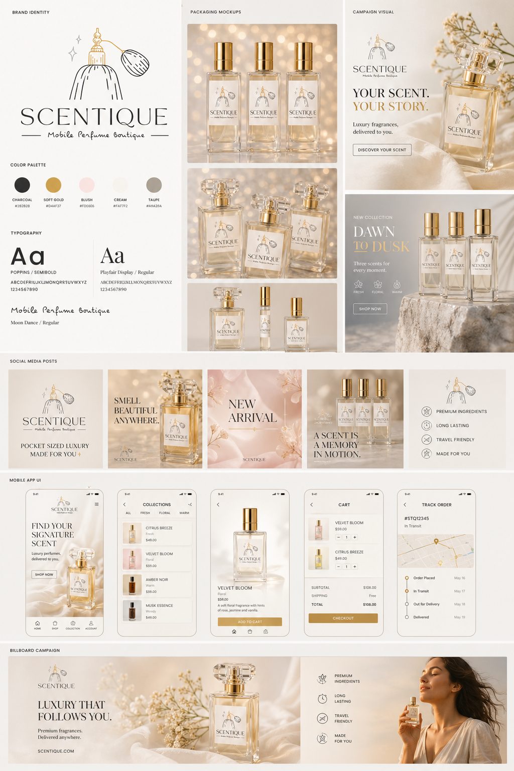 Scentique brand board, identity and packaging