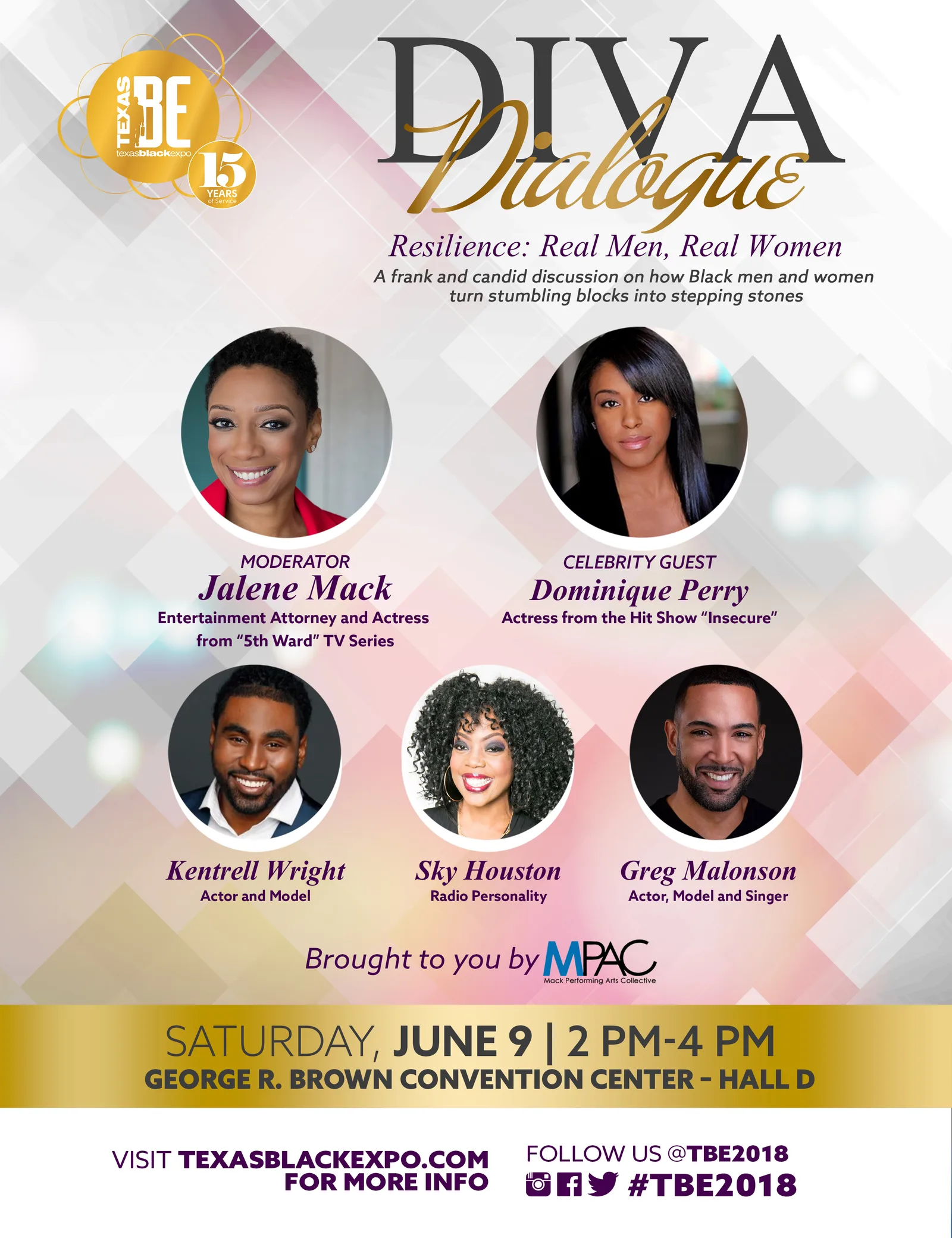 Texas Black Expo 2018 Diva Dialogue event flyer, Resilience: Real Men, Real Women, moderated by Jalene Mack with celebrity guest Dominique Perry